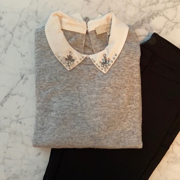 LOFT Grey Embellished Peter Pan Collar Sweater S